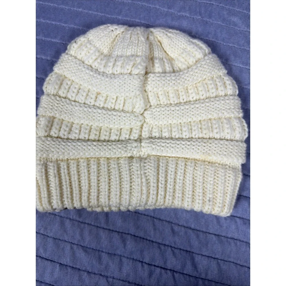 C.C Cream Ribbed Knit Beanie Womens Monogram 